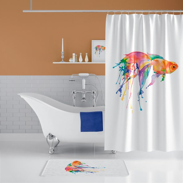 Goldfish Banyo Paspası, Püsküllü Banyo Paspas Takımı, Renkli Balık Desen Banyo Perdesi ve Paspası ürün görseli 1