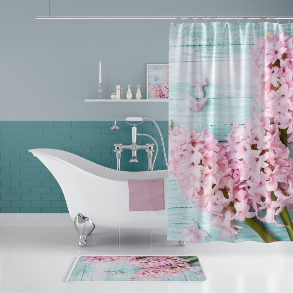 Lila Banyo Paspas Seti, 50x80 Püsküllü Paspas ve 180x200 cm Banyo Perdesi Takımı, Klozet Takımı ürün görseli 1