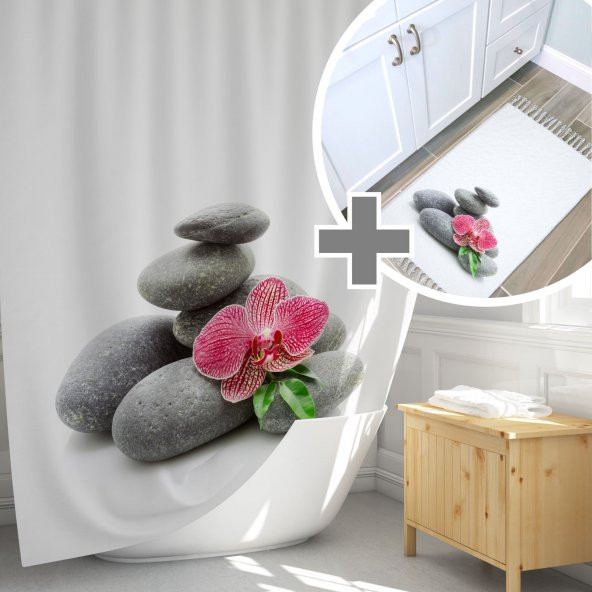 Taş Desen Banyo Paspası Takımı, 50x80 Püsküllü Banyo Paspas ve Banyo Duş Perdesi Seti ürün görseli 1