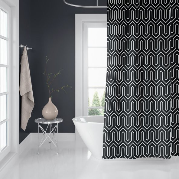 Ethnic Banyo Paspası, Siyah Beyaz Banyo Paspası, Püsküllü Banyo Paspası ve Banyo Perdesi Takımı ürün görseli 1