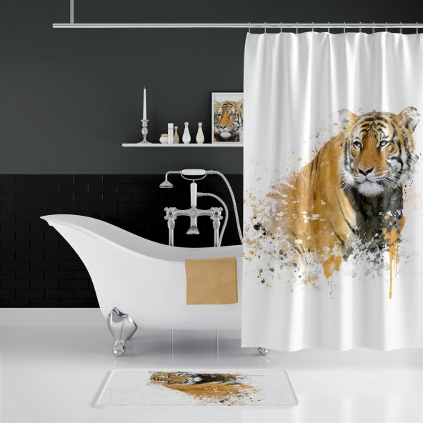 Kaplanlı Paspas Seti, Dot Taban Banyo Paspas ve Banyo Perdesi Takımı, 2li Banyo Paspas ve Perde Set ürün görseli 1