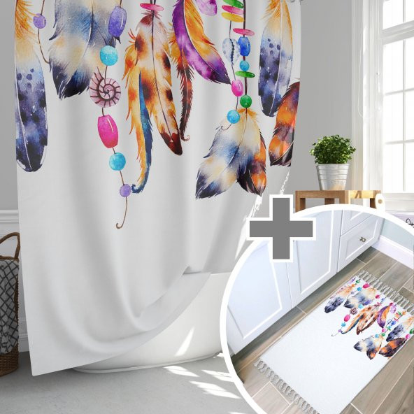 Renkli Tüy Desen Banyo Duş Perdesi-180x200cm Duşakabin Perdesi ve Paspası, Dream Catcher Paspas Seti ürün görseli 1