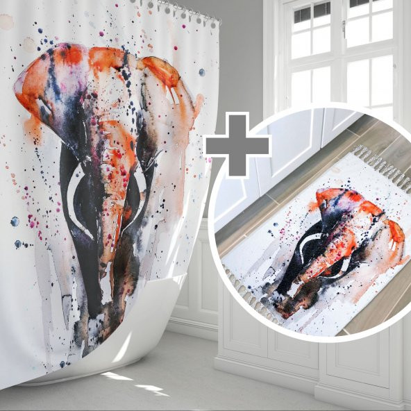 Renkli Fil Desenli Banyo Perdesi Takımı, Dijital Baskılı Paspas Hedhiyeli Duş Perdesi, 12 C Halkalı ürün görseli 1