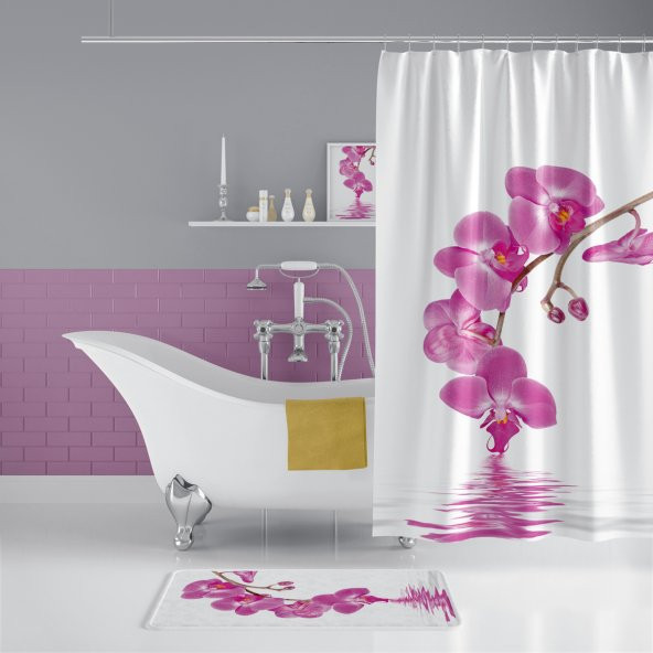 Pembe Orkide Desen Banyo Paspası, Dijital Baskılı Kaymaz Taban Banyo Paspası ve Orkid Banyo Perdesi ürün görseli 1