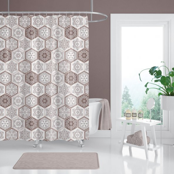 Kahverengi Banyo Paspası, Paisley Desenli Banyo Paspası ve Duş Perdesi Takımı, 2li Banyo Seti ürün görseli 1