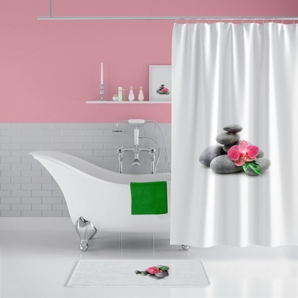 Banyo Paspas Seti, Taş Desen Banyo Perdesi Takımı, Yıkanabilir Paspas Ve Duş Perdesi Seti, C Halkalı ürün görseli 1