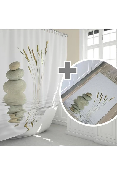Taş Desen Banyo Perde Seti-50x80 Cm Kaymaz Taban Banyo Paspas Seti-dijital Baskılı Halkalı Perde Set ürün görseli 1