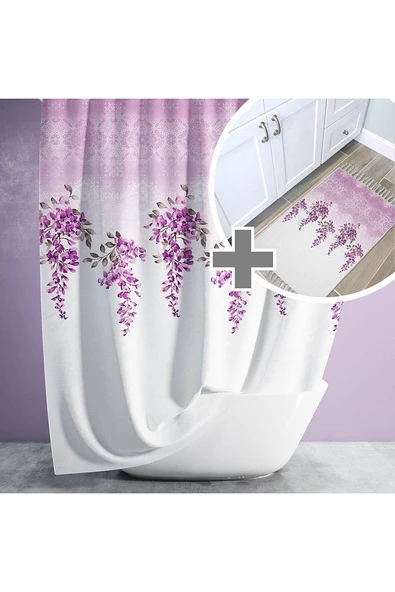 Salkımlı Duş Perdesi Ve Banyo Paspas Seti, Lila Renk Duşakabin Perdesi Ve Kapı Önü Paspası ürün görseli 1