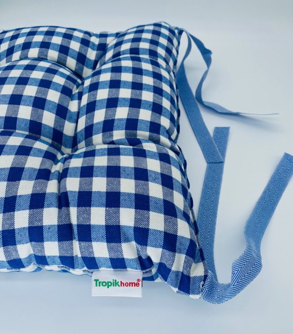 4lü Ekose Mavi Sandalye Minderi-40x40 cm Bağcıklı Sandalye Minderi-Bahçe Sandalye Minder Set 4 Adet ürün görseli 1