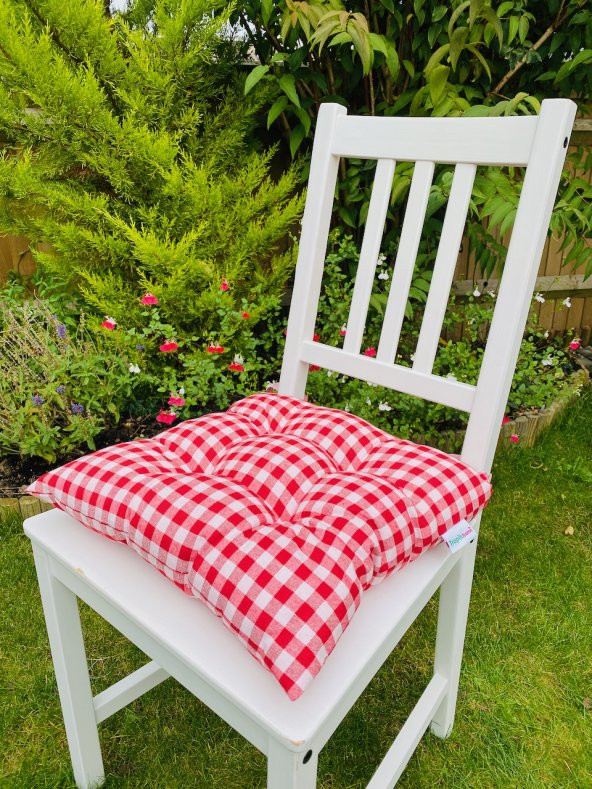 4lü Sandalye Minderi Seti Ekose Kırmızı Bahçe Minderi, 40x40 cm Yıkanabilir Sandalye Minderi ürün görseli 1