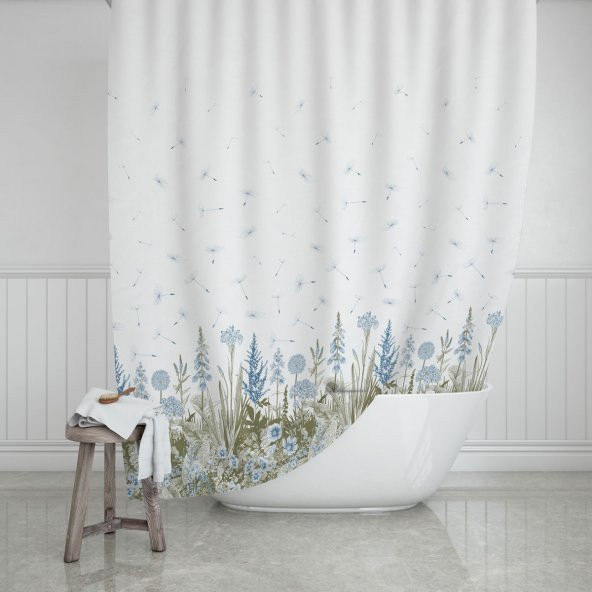 Kır Banyo Perdesi 180x200cm Tek Kanat Duş Perdesi, Renkli Çiçekli Banyo Duş Perdesi, Halkalı Perde ürün görseli 1