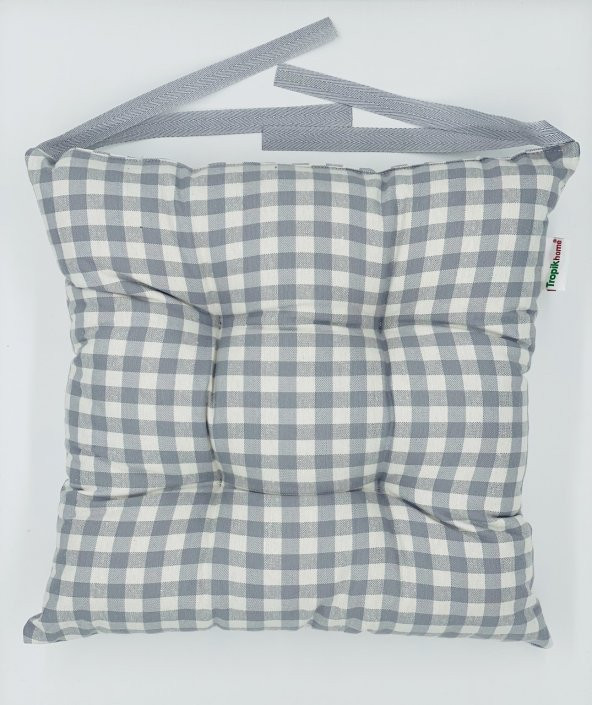 2li Tel Sandalye Minderi, 40x40 cm Ekose Gri Ahşap Sandalye Minderi, Bağcıklı Sırt Minderi ürün görseli 1