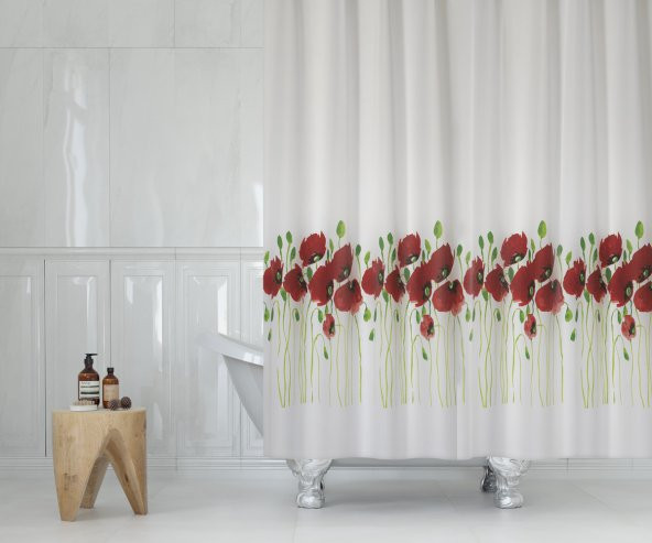 Gelincik Desen Kırmızı Banyo Perdesi-Tek Kanat Duş Perdesi, 180x200 cm C Halkalı Küvet Perdesi ürün görseli 1