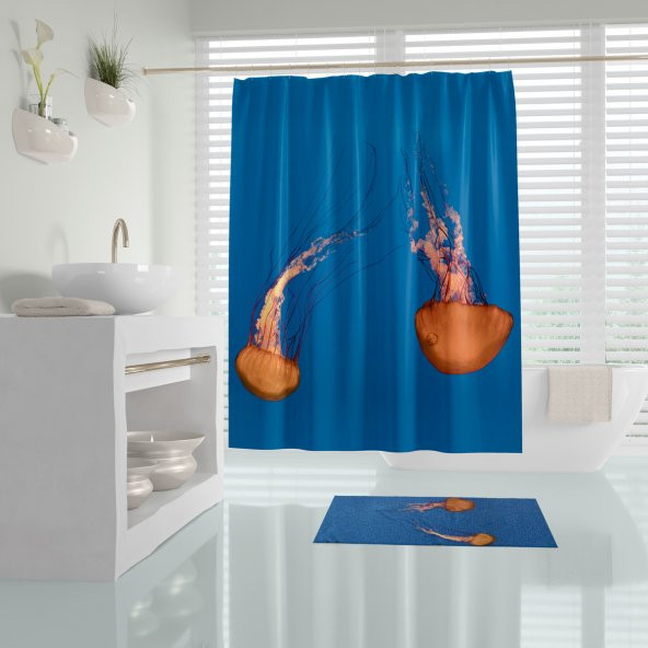 Mavi Duş Perdesi-Jelly Fish Desenli Banyo Perdesi, Dijital Baskılı Perde ürün görseli 1