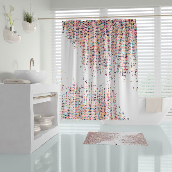 Renkli Noktalı Banyo Duş Perdesi-Tek Kanat Banyo Perdesi, 180x200cm Küvet Perdesi ürün görseli 1