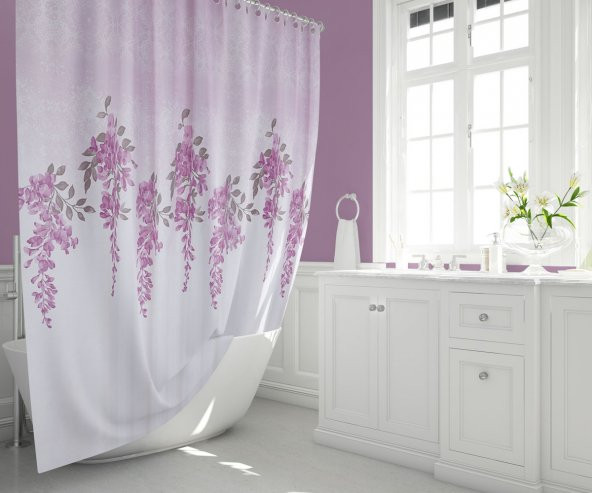 Lila Banyo Duş Perdesi-180x200 cm Yeşim Desen Küvet Perdesi Tek Kanat Perde ürün görseli 1
