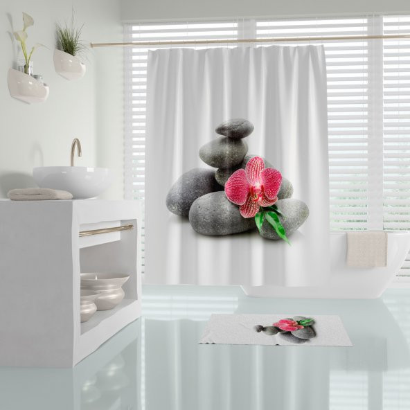 Taş Desen Banyo Perdesi-Rnkli Çiçek Desenli Duş Perdesi, 180x200 cm ürün görseli 1