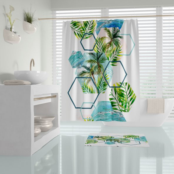 Palmiye desen banyo perdesi-Renkli lüx baskılı banyo duş perdesi, 180x200 duşakabin perdesi ürün görseli 1