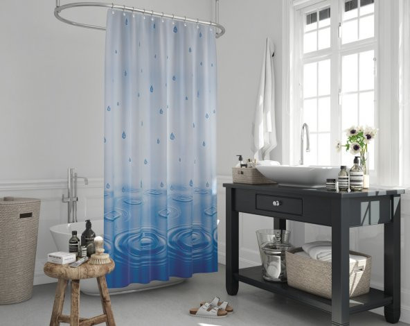 Mavi Küvet Perdesi-Damla Desen Banyo Perdesi, Lüx Mavi Su Damlacıklı Duş Aksesuar Perde 180x200cm ürün görseli 1
