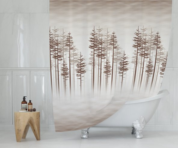 Ağaç Desen Banyo Perdesi, Kahverengi Duş Perdesi-Banyo Dekorasyon Perdesi-Lüx Küvet Perdesi ürün görseli 1