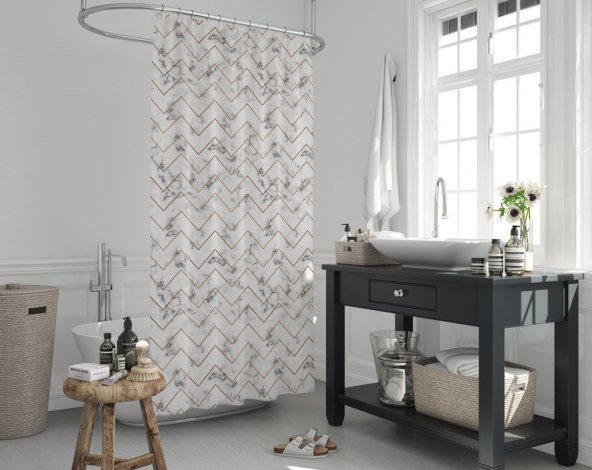 Zikzak Desen Banyo Perdesi, Mermer Desen Lüx Küvet Perdesi 180x200 Tek Kanat Duş Perdesi ürün görseli 1