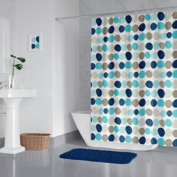 Renkli Noktalı Banyo Perdesi, Turkuaz Renk Küvet Perdesi, Dot Point Duş Perdesi Tek Kanat Perde ürün görseli 1
