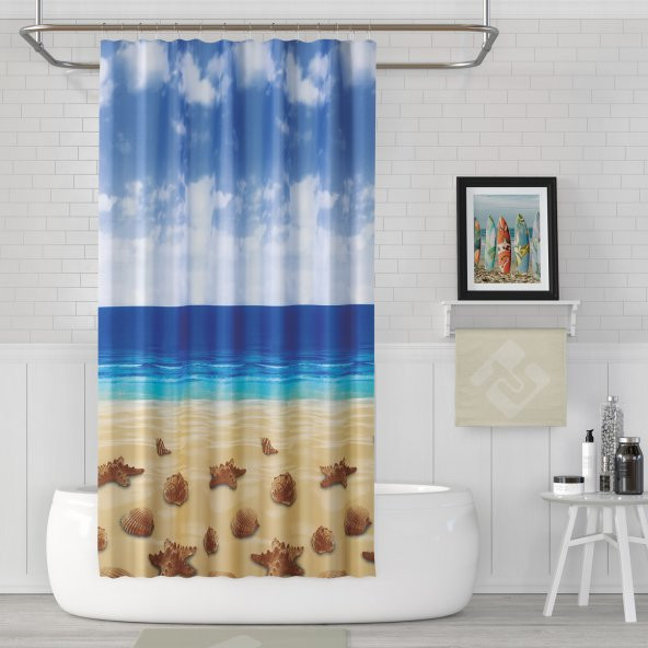 Kahverengi Banyo Perdesi-Deniz ve Kum Manzara Desen Duş Perdesi, Tek Kanat Banyo Duş Perdesi ürün görseli 1