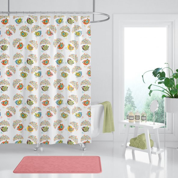 Kuş Desen Banyo Perdesi-Tek Kanat Duşakabin Perdesi Renkli Kuş Desen Duş Perde 180x200 Küvet Perdesi ürün görseli 1
