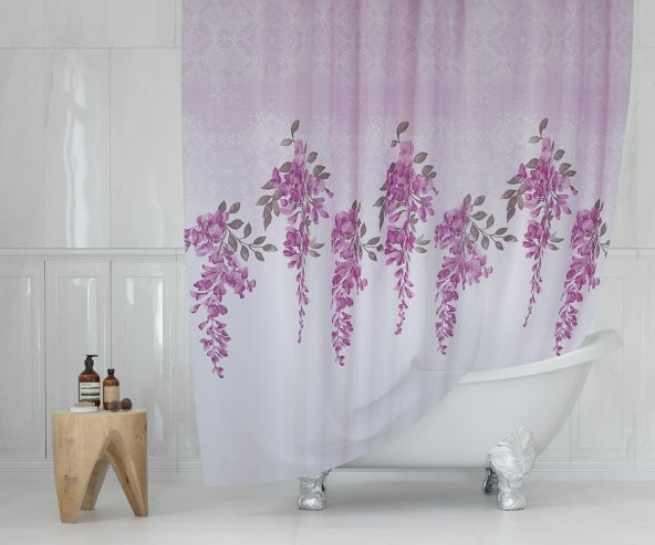 Küvet Perdesi Halkalı Banyo Perdesi-Salkım Desen Duş Perdesi, 180x200cm Tek Kanat Banyo Duş Perdesi ürün görseli 1