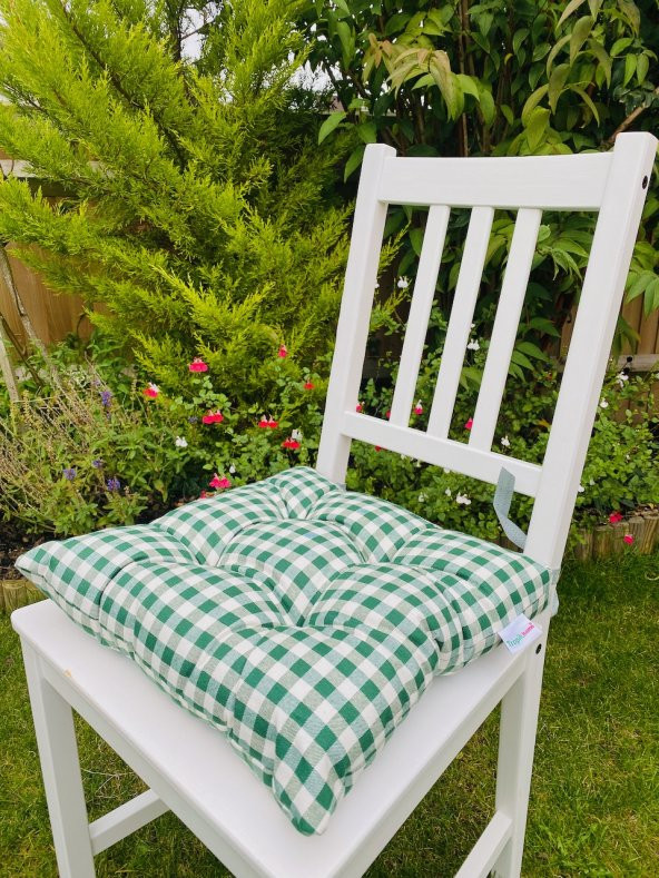 Lüx Pofidik Ekose Yeşil Sandalye Minderi Özel Dikişli Bağcıklı Minder 35x35cm Kare Sandalye Minder ürün görseli 1