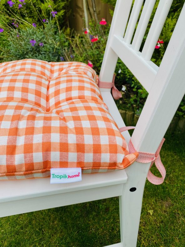 Lüx Pofidik Ekose Turuncu Sandalye Minderi Özel Dikişli Bağcıklı Minder 35x35cm Kare Sandalye Minder ürün görseli 1