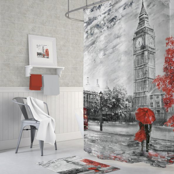 Banyo Perdesi BigBen Londra Desenli Baskılı Solmaz Su Geçirmez Duş Perdesi 12 C Halka Hediye 180x200 ürün görseli 1