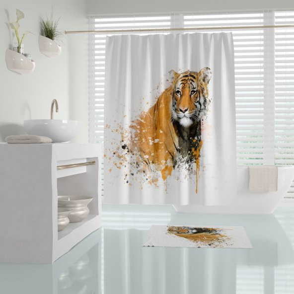 Banyo Perdesi Kaplan Desen Banyo Perdesi Tek Kanat 180x200 cm Duş Perdesi 12 C-Halka Hediye ürün görseli 1