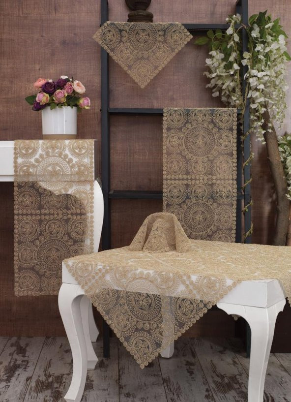 Tropikhome Victoria Bej Renk Salon Takımı 5 Parça Nakış Çeyiz Seti ürün görseli 1
