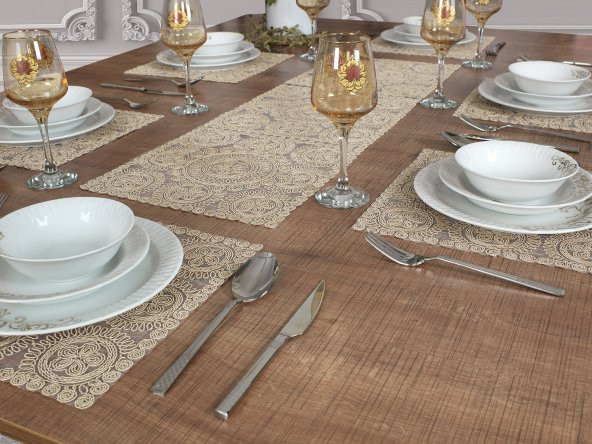 Tropikhome Amerikan Servis Supla Ve Runner Seti 6 Kişilik Set Victoria Bej 7 Parça ürün görseli 1