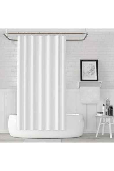 Beyaz Polyester Kumaş Büyük Boy Banyo Perdesi 240x200cm Yerli Üretim Askı Aparatı Plastik C-halka ürün görseli 1