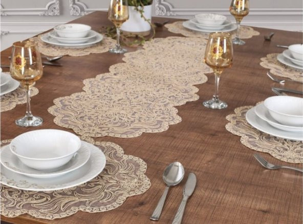 Amerikan Servis 12 Kişilik Supla ve Runner Set Bej Renk 13 Parça Set Masa ve Sunum Takımı Tropikhome ürün görseli 1