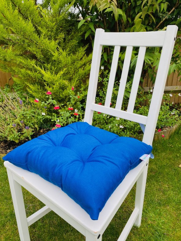Mavi Renk Pamuklu Kumaş Pofidik Kare Dekoratif Sandalye Minderi 35x35 cm, Bağcıklı Sandalye Minderi ürün görseli 1