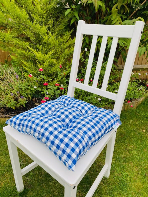 Ekose Mavi Renk Pamuklu Kumaş Pofidik Kare Dekoratif Sandalye Minderi 35x35 cm ürün görseli 1