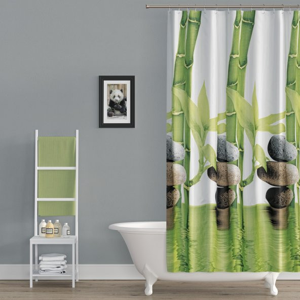 Banyo Perdesi Bamboo Desen Yerli Üretim Duş Perdesi Plastik C-Halka Hediye 180x200cm Banyo Perdeleri ürün görseli 1