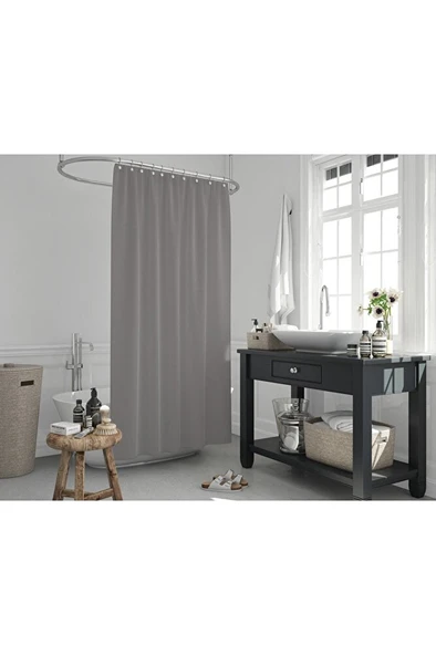 Polyester Kumaş Gri Renk Banyo Perdesi Yerli Üretim Duş Perdesi Askı Aparatı Plastik C-halka Hediye ürün görseli 1