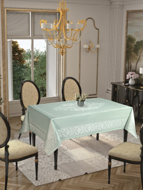 Dertsiz Leke Tutmaz Pano Jakarlı Polyester Lux Masa Örtüsü 8 Kişilik Mint Rengi ürün görseli 1