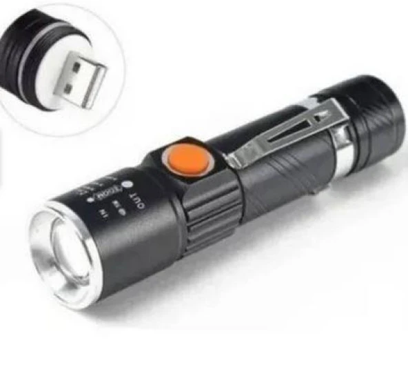 Mini Fener Dahili Batarya Kendinden USB Şarj Soketli T6 Led Zoom ürün görseli 1