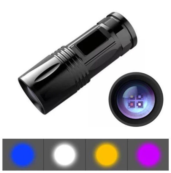 4 Renk UV Balıkçı Feneri 300 Lümen Zoom 2 Mod USB Şarj Dahili Pil ürün görseli 1