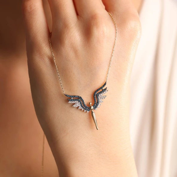 14 Ayar Altın Angel Kolye Blue Topaz - Resim 3