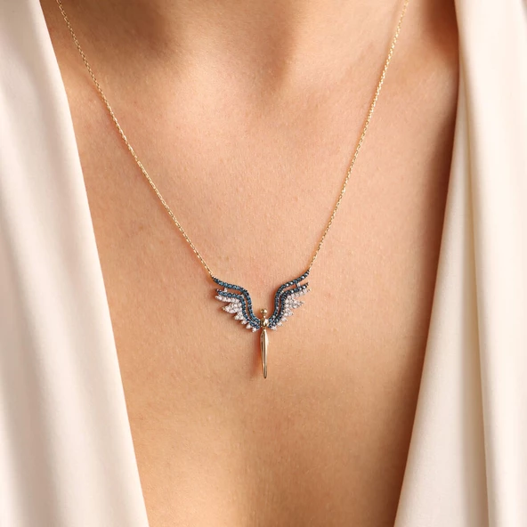 14 Ayar Altın Angel Kolye Blue Topaz - Resim 2