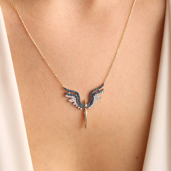14 Ayar Altın Angel Kolye Blue Topaz - Resim 4
