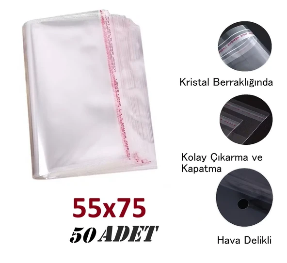 55x70+5 Berrak O.p.p. Toz Tutmayan Yapışkan Bantlı Saklama Poşeti 50 Adet ürün görseli 1