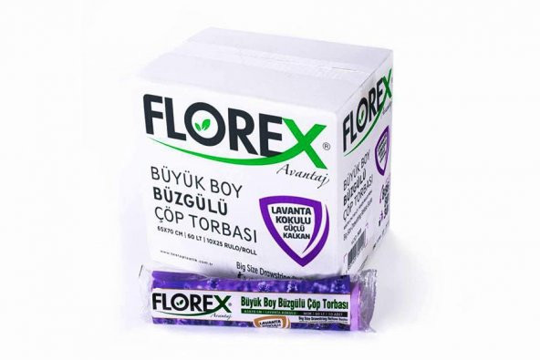 Florex 60 Litre Büzgülü Lavanta Kokulu Çöp Torbası Poşeti / 65 x 70 Cm. - 10x25 Rulo / Koli ürün görseli 1