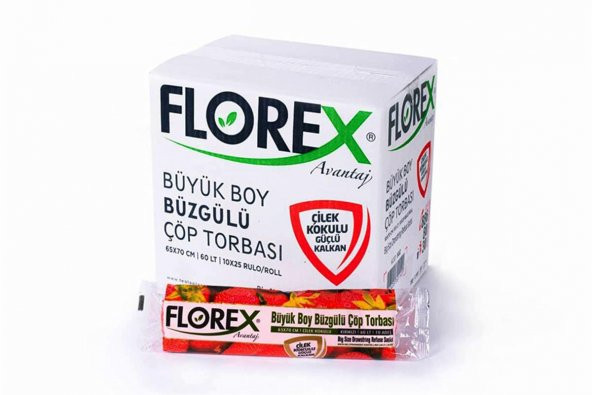 Florex 60 Litre Büzgülü Çilek Kokulu Çöp Torbası Poşeti / 65 x 70 Cm. - 10x25 Rulo / Koli ürün görseli 1